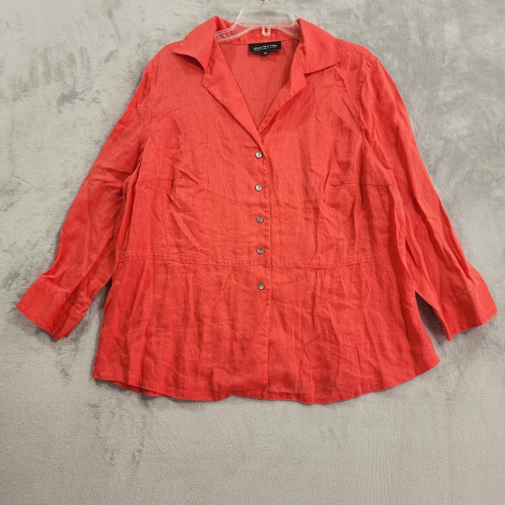 Jones New York Shirt Womens 16W Orange Linen Button Front Long Sleeve Blouse